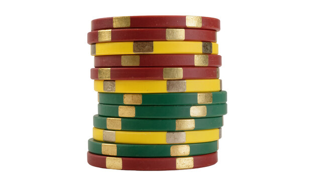 Stack of red yellow and green poker chips with gold accents, isolated on transparent background