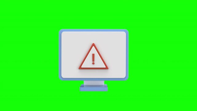 3d animation computer screen with a warning symbol, representing system error, cybersecurity alert, or software malfunction in a digital or IT environment with alpha channel