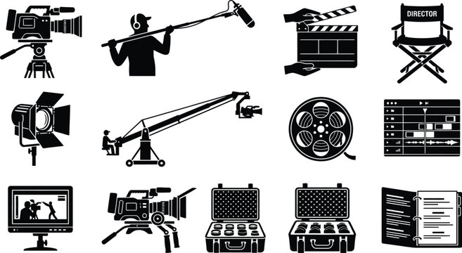 Film, cinema, movie production icons, black and white, 13 vector graphics, filmmaking symbols