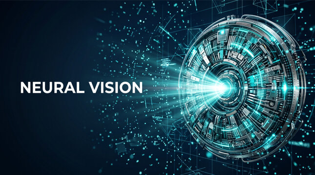 Neural vision concept with abstract 3D mechanical eye lens glowing in neon blue. Futuristic digital technology background with data network, artificial intelligence, and cyber system infrastructure.