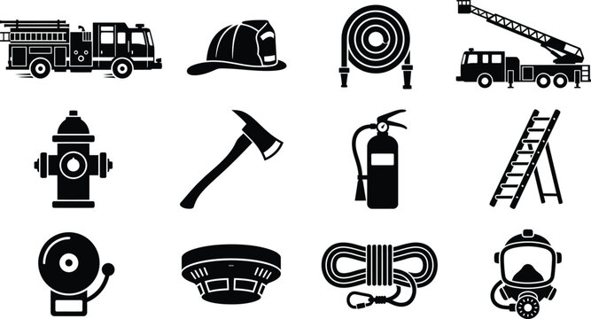 Firefighter equipment icons, emergency response symbols, fire safety signs, rescue tools vector