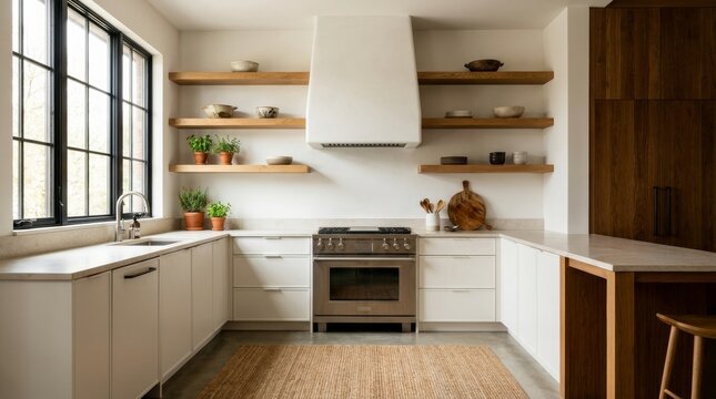 Stylish Modern Kitchen Interior with Open Shelving and Natural Wood Details
