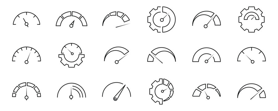 Speedometer icon. Speed indicator icon flat line set. Feedback Rating meter performance concept Dashboard level scale vector for apps Fast speed sign low and high barometers, gauge, score progress.
