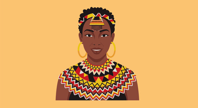 Portrait of an African woman wearing traditional jewelry and headband.
