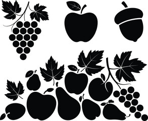 Fruit silhouettes collection apples pears grapes leaves and acorn black vector icons set isolated on white background © SeeShoyagini