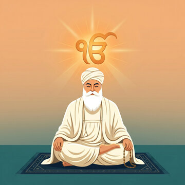 Guru Nanak Dev Ji Meditating with Radiant Ik Onkar Symbol
