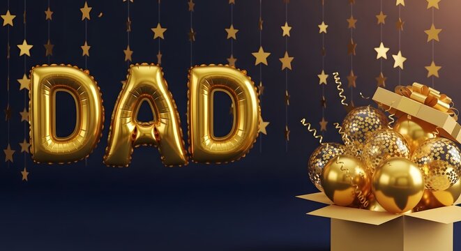 Golden 'dad' balloons and gift box a celebration of fatherhood and appreciation