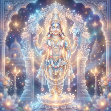 Divine Lord Vishnu Standing on Lotus with Aura and Traditional Temple Architecture