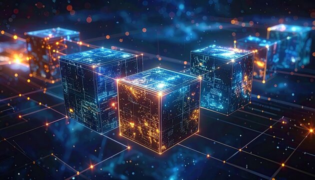 Blockchain technology: digital data blocks connected in a network.
