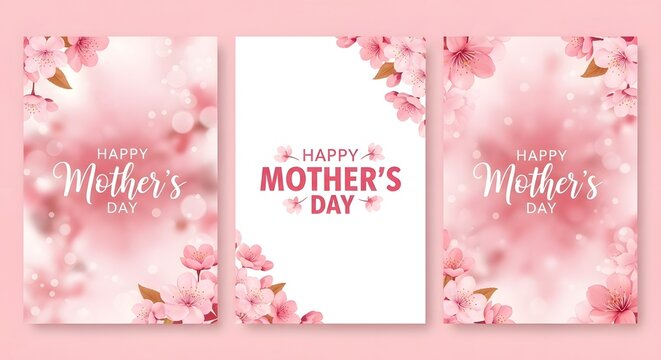 Elegant mother's day card trio with floral accents and soft pink hues