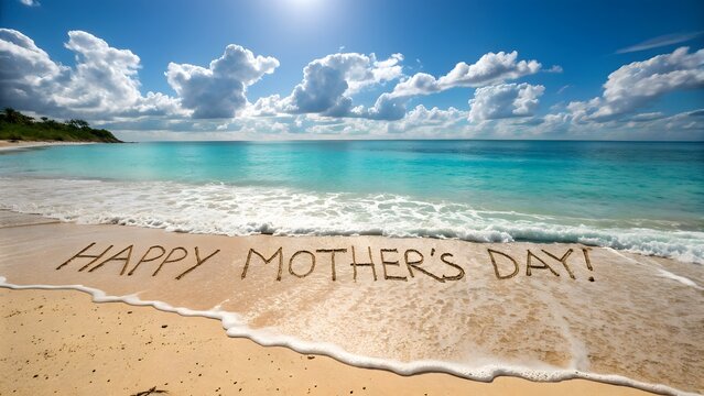 happy mother's day message written in beach sand with tropical ocean and sky background