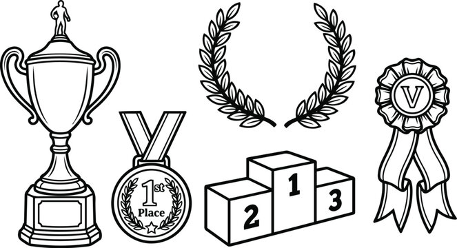 trophy and medal set line art