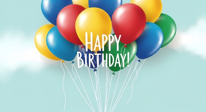 Colorful balloons with happy birthday message against a blue background