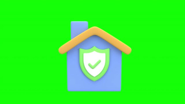 3d animation symbolizing home protection, house icon with a security shield and check mark, representing safety, trust, insurance, and secure living environments with alpha channel