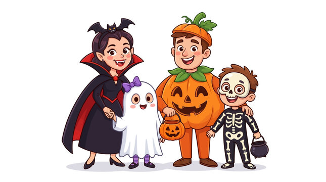 A colorful cartoon family of four in Halloween costumes, including a vampire, ghost, pumpkin, and skeleton, smiling and posing together on a white background with minimal shadow.