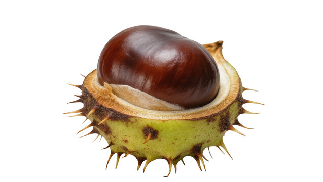 Brown horse chestnut seed inside spiky green husk, isolated on transparent background