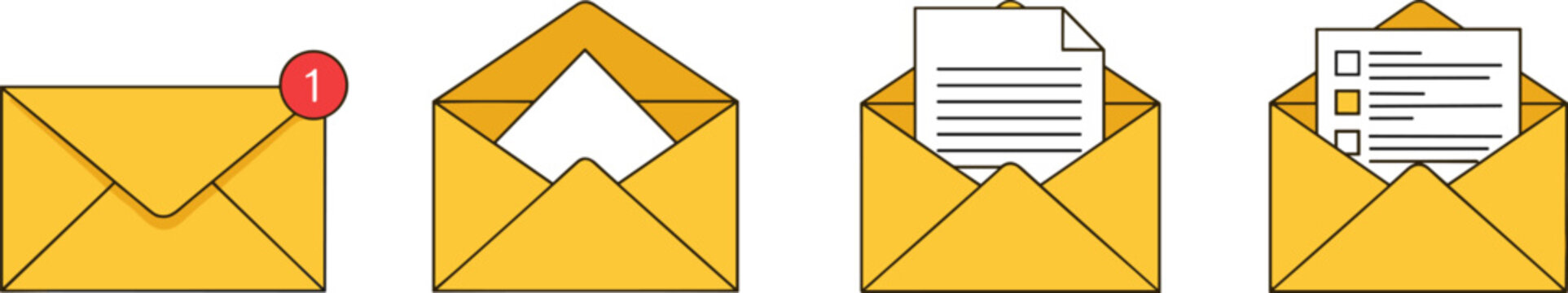 Email notification and message envelope icon set showing inbox alerts and document mail in flat colorful style for communication design