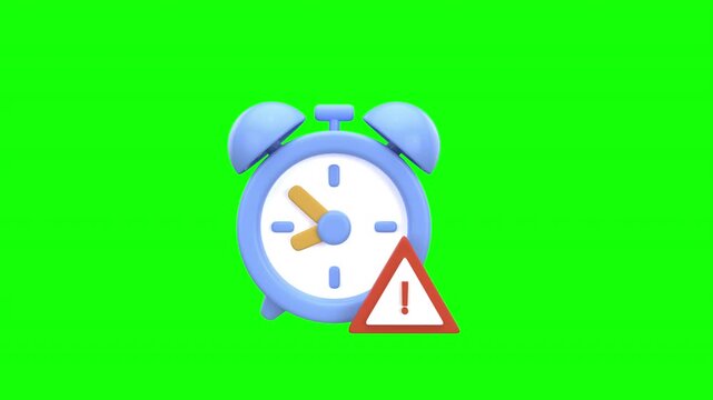 3d animation deadline alert, featuring a classic alarm clock and a warning triangle to symbolize time-sensitive tasks, late submissions, or missed deadlines with alpha channel