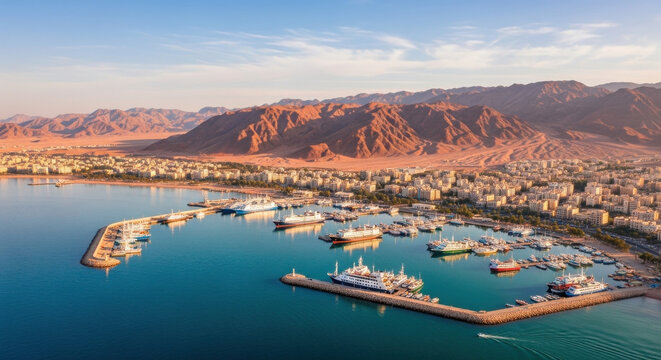 Aerial view of a bustling marina filled with various boats and yachts, surrounded by modern buildings and set against a backdrop of rugged mountains under a clear blue sky.