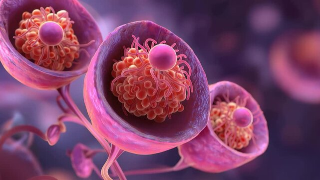 Rendered medical animation showing a close view of a woman's ovaries with egg cells and surrounding structures in a colorful and detailed representation