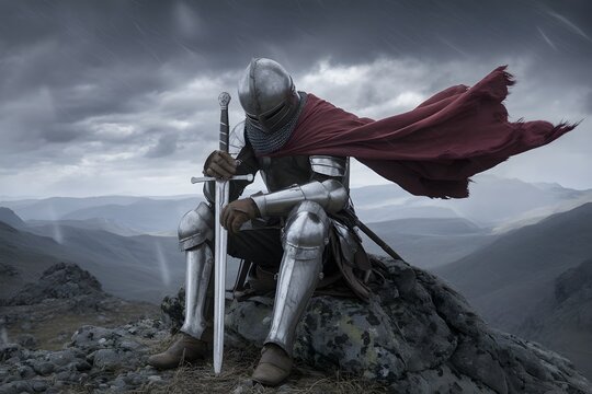 Solitary medieval knight in full armor and a red cape sitting on rocks with a long