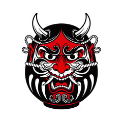 Fototapeta premium Stylized Japanese Daruma doll with an Oni demon face, featuring horns, fangs, and a fierce expression in red, black, and white.