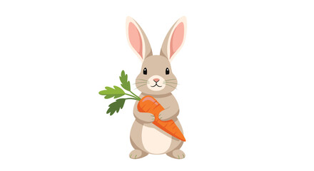 Fototapeta premium A cute cartoon bunny rabbit standing and holding a large orange carrot isolated on a plain white background.