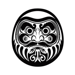 Fototapeta premium Black and white illustration of a traditional Japanese Daruma doll face with intricate details and bold lines.