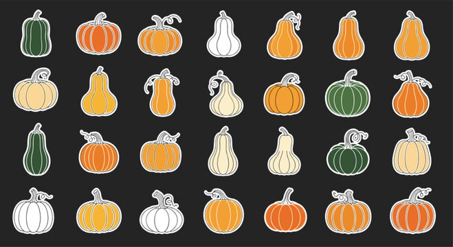 A large collection of autumn pumpkin and gourd sticker illustrations in various colors on a dark background.