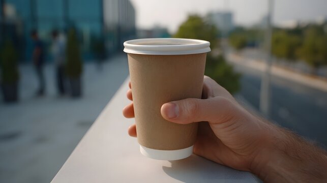 A hand holding a disposable coffee cup rests on a surface set against a blurred sunlit modern cityscape backdrop