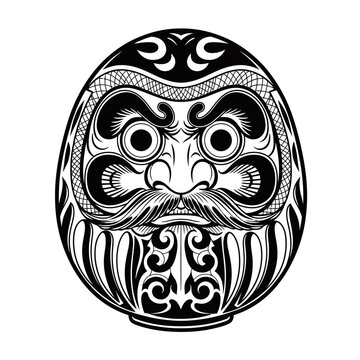 Intricate black and white illustration of a traditional Japanese Daruma doll with detailed facial features and ornamental patterns.