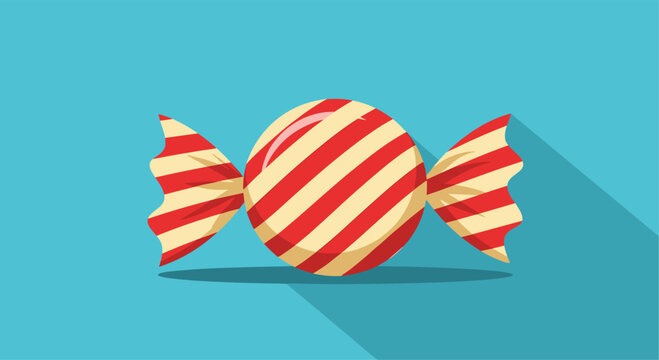 A flat design style illustration of a round candy in a red and white striped wrapper with a long shadow.