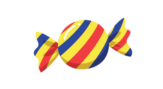 Shiny round hard candy wrapped in a colorful cellophane wrapper with bold red, yellow, and blue vertical stripes for a festive look.