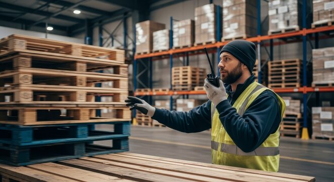 Warehouse worker in hi-vis vest communicating on radio near stacked wooden pallets