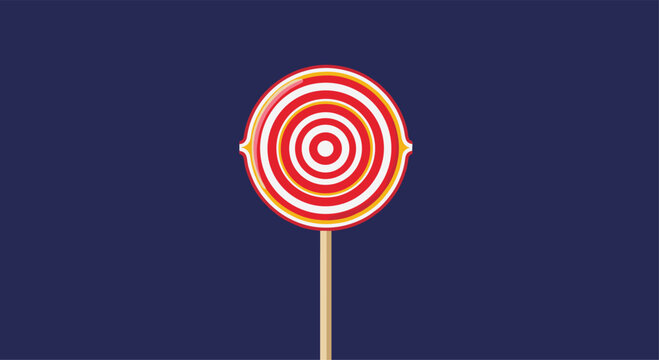 Classic red and white lollipop with a hypnotic bullseye pattern on a wooden stick, set against a dark blue background for contrast.