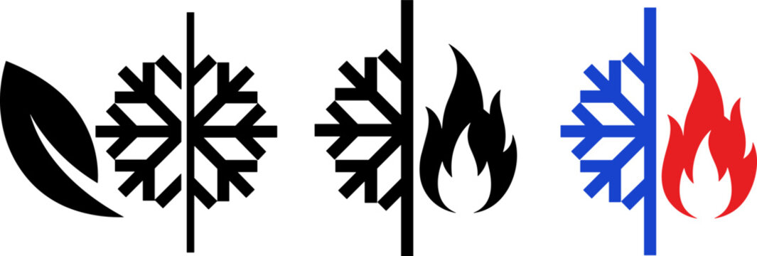 Heating and cooling icons set with snowflake, flame and eco leaf symbols in outline, solid and color styles