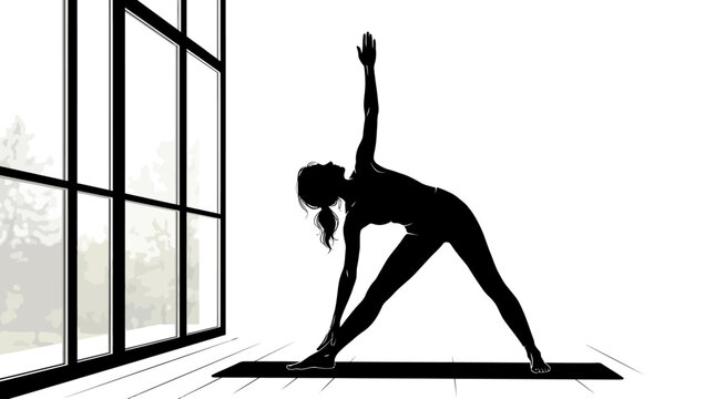 Silhouette of woman practicing yoga triangle pose by large window in natural morning light