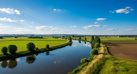 Naklejka premium Scenic aerial view of a wide river flowing through a lush green valley during summer time.