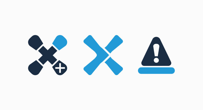 Data management and error alert icons set with management software interface graphics development technical business application information structure workflow monitoring analysis