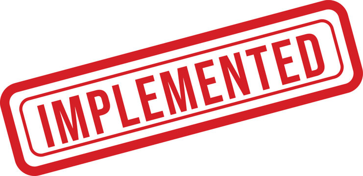 Bold red IMPLEMENTED word mark within a rubber stamp rectangle against a clean white backdrop