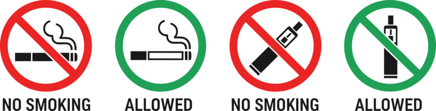 No smoking and allowed icons set with cigarette and vape symbols in prohibition and permission styles for safety signage design