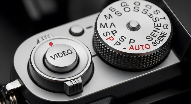 Top view of metallic camera mode dial and video record button on professional equipment.