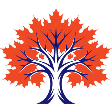Stylized maple tree vector illustration, orange autumn foliage with blue trunk and branches, modern nature logo icon for seasonal branding