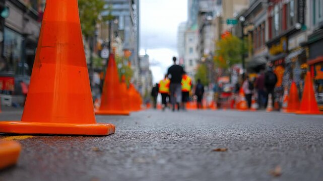 Orange traffic cones on city street, people in safety vests walking in background