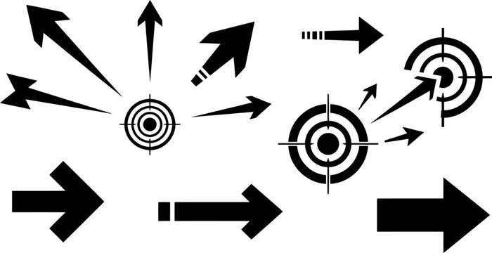 converging arrows targeting central goal flat design vector illustration
