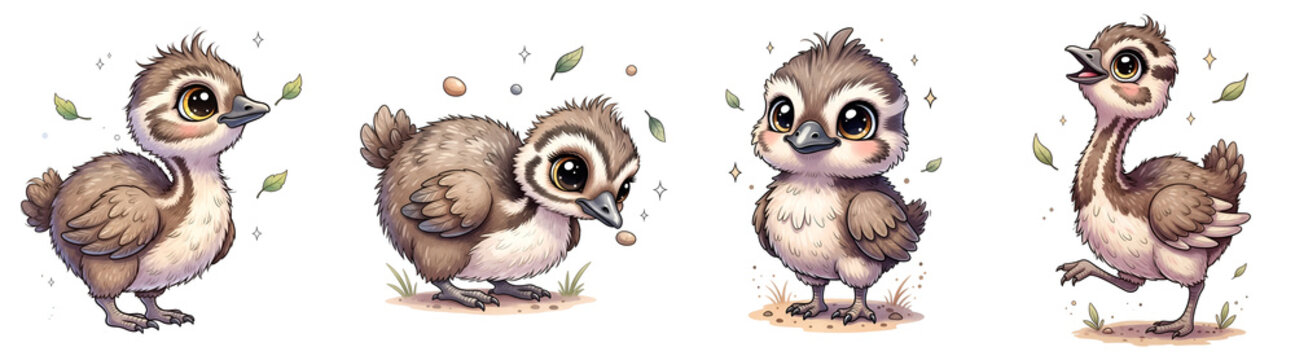 Four cute baby emu birds standing in various playful poses for design projects isolated on transparent background