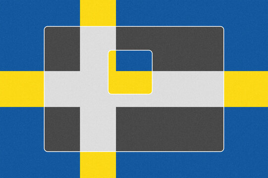 Geometric Abstract Design Combining National Flag Colors and Patterns with a Textured Surface, Featuring Overlapping Crosses in Blue, Yellow, Black, and White