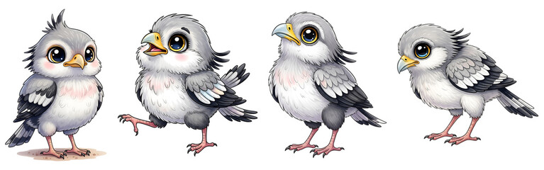 Fototapeta premium Four adorable grey baby birds standing in different poses featuring cute expressive eyes isolated on transparent background