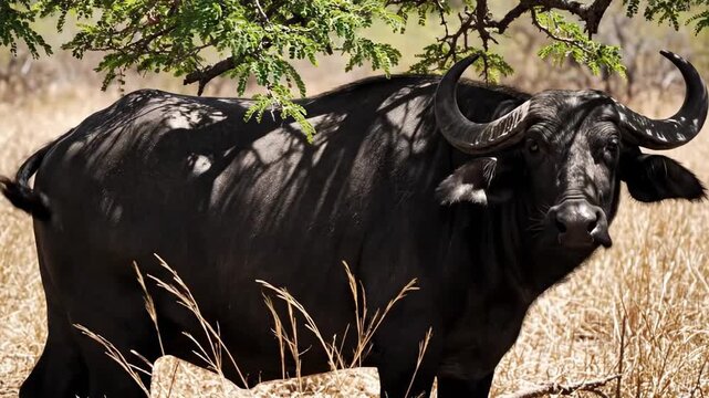 Water buffalo walking beneath leafy tree shade in dry savanna grassland, dark side profile, curved horns, dappled sunlight on hide, calm natural wildlife setting with straw grass texture around
