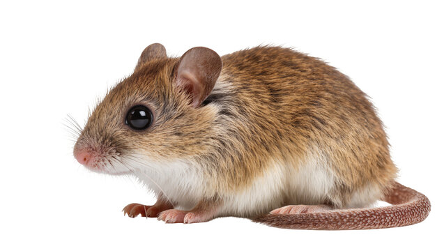 Small brown and white mouse with large dark eyes, isolated on transparent background